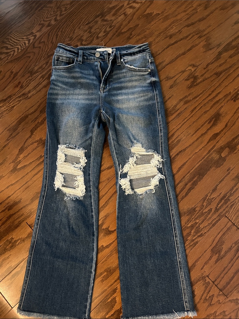 High-Rise Distressed Wide-Leg Jeans in Dark Blue Wash